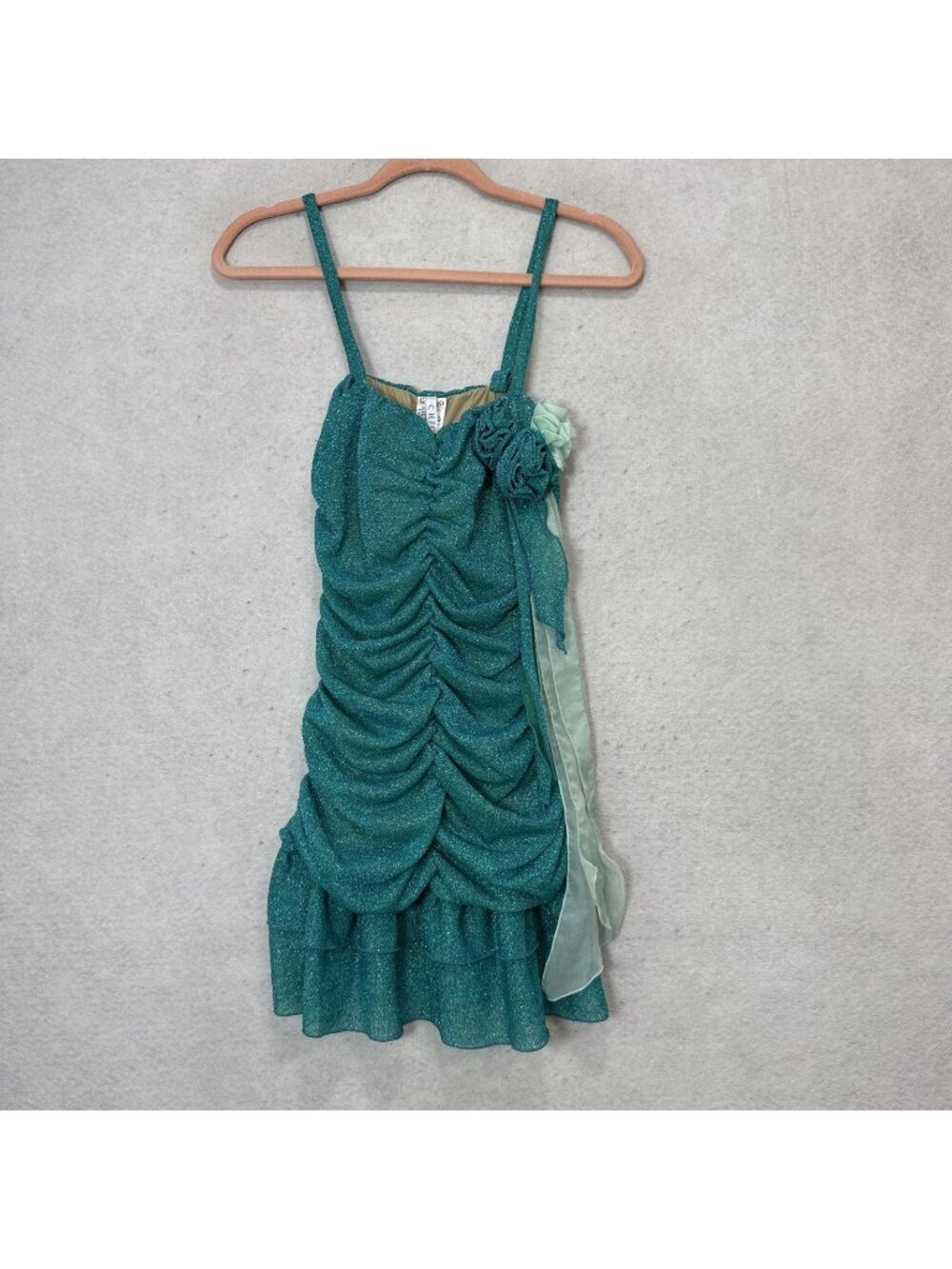 CHIO DI STEFANIA D Dress small women' Green Glitter Ruched Ruffle Sundress Italy